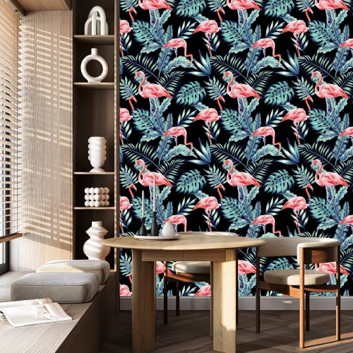 Tapete Flamingos und Blätter auf einem Muster mit schwarzem Hintergrund