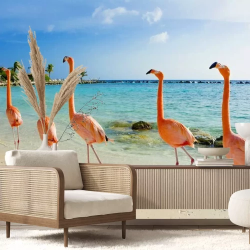 Fototapete Flamingos beim spaziergang am strand