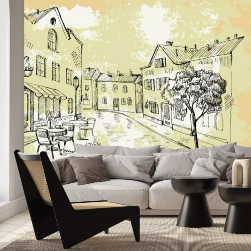 Fototapete Gezeichnete Straße mit Café und Baum