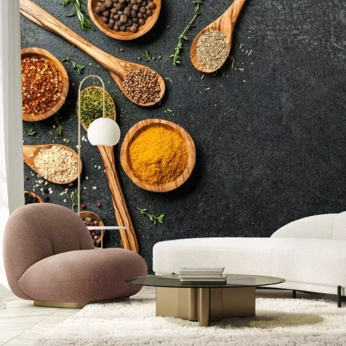 Fototapete Kochtisch mit Gewürzen und Kräutern