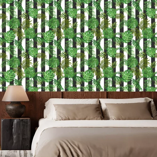 Tapete Blätter auf gestreiftem Hintergrund