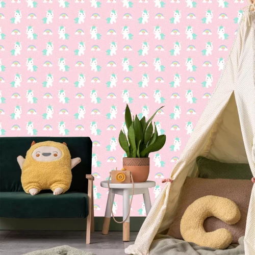 Tapete Einhörner und Regenbögen auf rosa Hintergrund