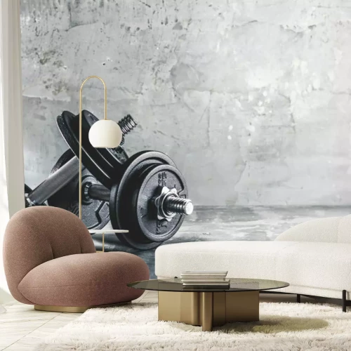 Fototapete Hanteln und Gewichte vor einem Betongegenstand