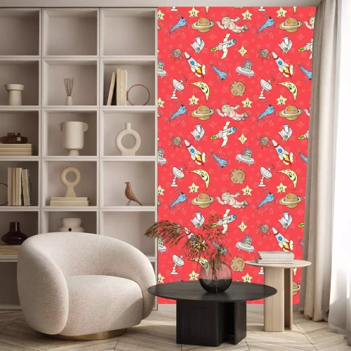 Tapete Kosmische Motive auf rotem Grund