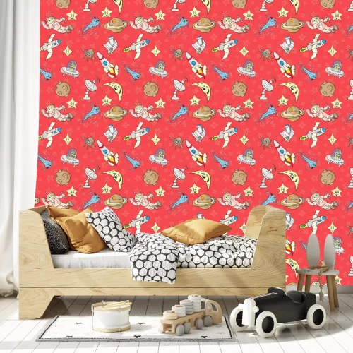 Tapete Kosmische Motive auf rotem Grund