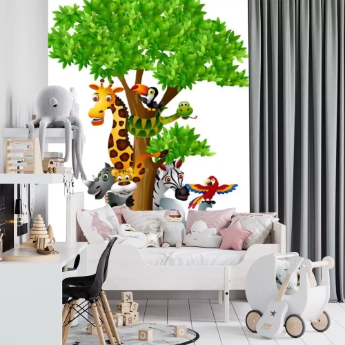 Sticker verschiedenen lustigen Comic-Safari-Tiere, sich hinter einem Baum verstecken