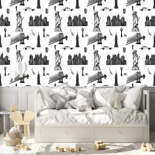 Tapete Nahtloses Muster von Hand gezeichneten Skizzenart New York themenorientierte lokalisierte Gegenstände. Vektor-Illustration.