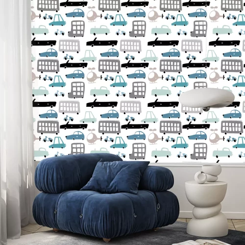 Tapete Nahtloses Muster mit Hand gezeichneten Transport Karikaturautos, Hubschraubervektorillustration Vervollkommnen Sie für Kindergewebe, Gewebe, Kindertapetenhintergrund