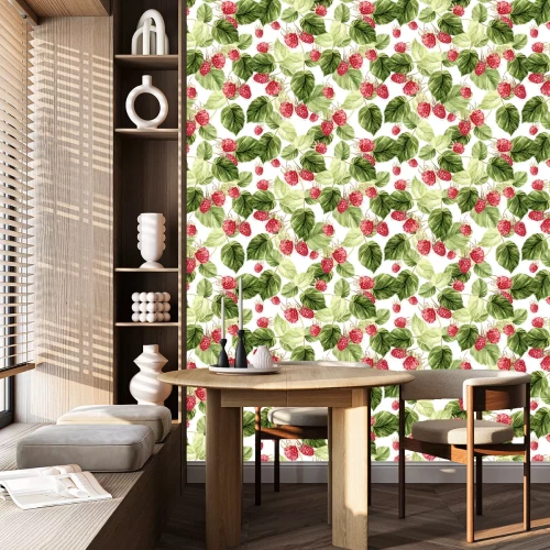 Tapete Aquarell-Himbeerfrucht mit grünen Blättern