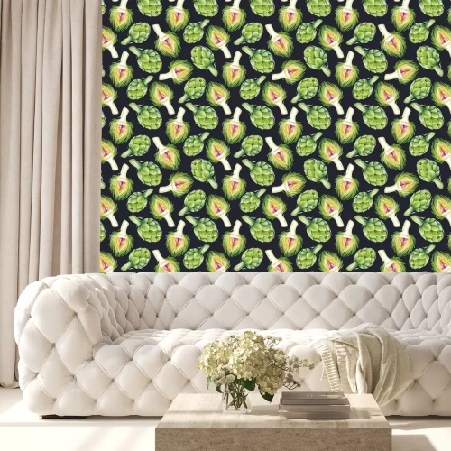 Tapete Bunte Artischocken auf schwarzem Hintergrund