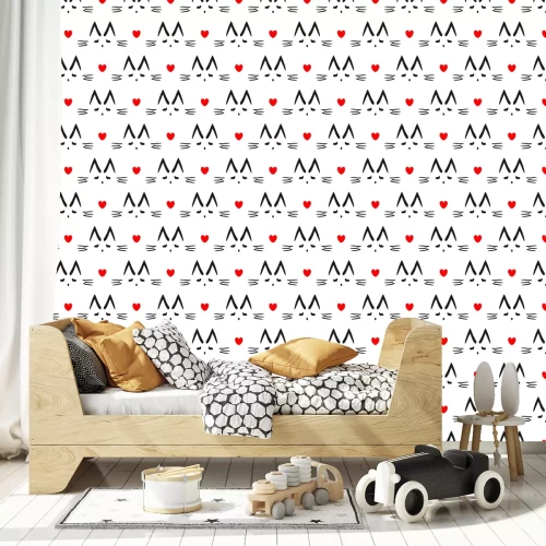Tapete Katzenmotiv und rote Herzen