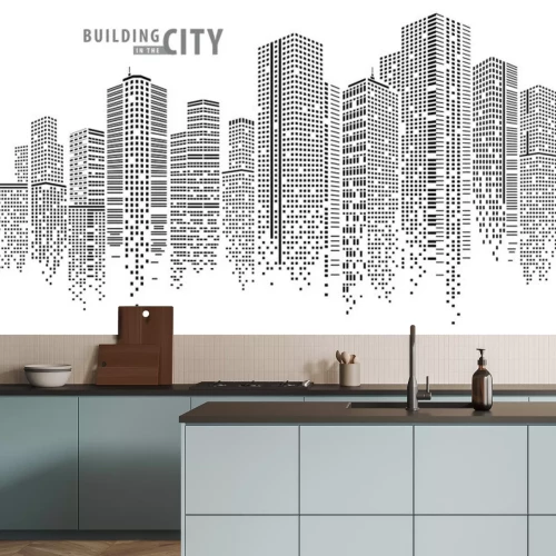 Sticker Abstrakter Stadtvektor, transparente Stadtlandschaft, Punkte, die in der Nacht Stadt errichten