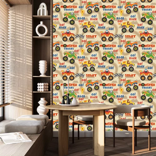 Tapete nahtlose Mustermonster-LKWs mit Tieren auf Rennstrecke - vector Illustration, ENV