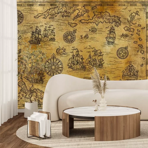 Fototapete Retro-Seekarte mit Schiffen und Fantasiemotiven