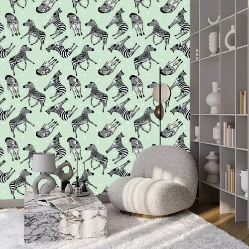 Tapete Zebras und Sterne auf grünem Hintergrund