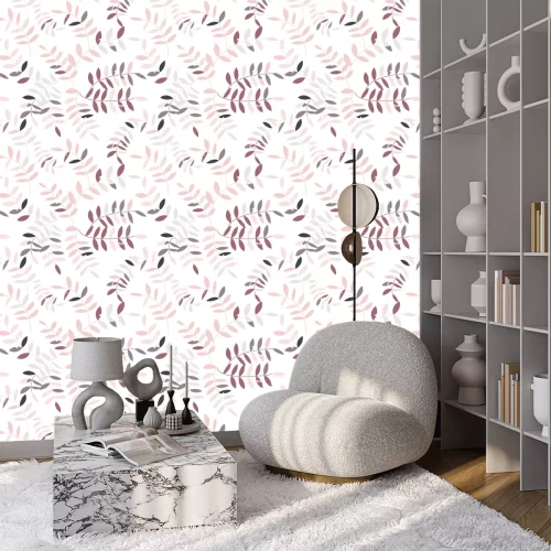 Tapete Skandinavische Zweige mit Blättern in Rosatönen