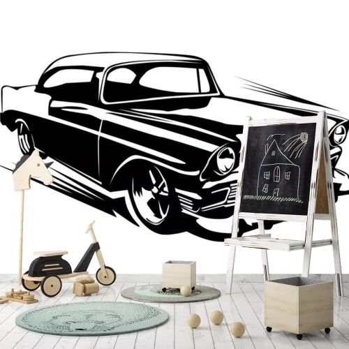 Sticker Rasendes Auto Retro Grafik schwarz-weiß