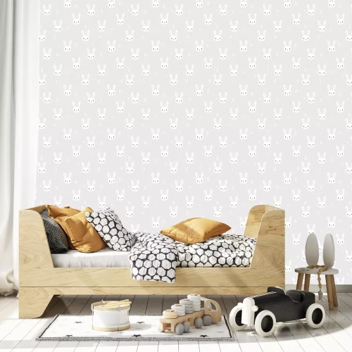 Tapete Kleine weiße Häschen und Bäumchen auf grauem Hintergrund