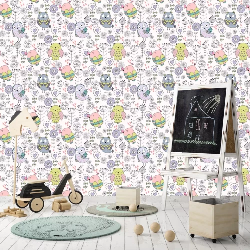 Tapete Eulen und zarte Blumen