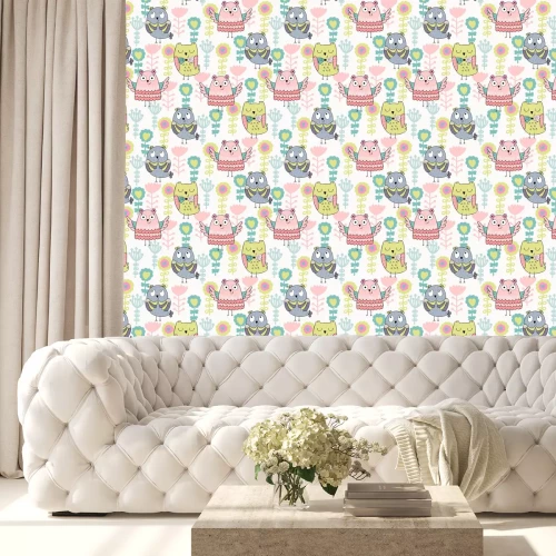 Tapete Bunte grafische Eulen und Blümchen