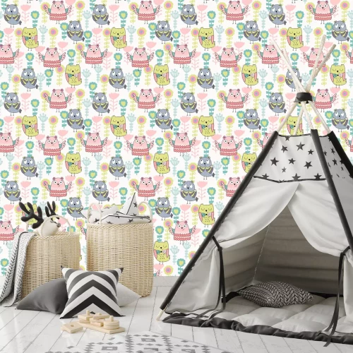 Tapete Bunte grafische Eulen und Blümchen