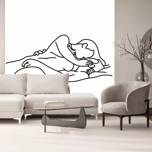 Sticker umreißen Sie das nackte Paar, das auf Bettvektorillustrations-Skizzenhand küsst, die mit den schwarzen Linien gezeichnet werden, lokalisiert auf weißem Hintergrund