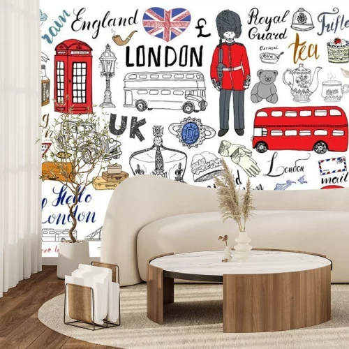 Sticker London-Stadt kritzelt Elementsammlung. Hand gezeichneter Satz mit, Turmbrücke, Krone, Big Ben, königlicher Schutz, roter Bus und Fahrerhaus, BRITISCHE Karte und Flagge, Teetopf, Beschriftung, Vektoril