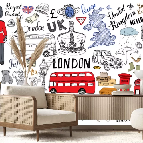 Sticker London-Stadt kritzelt Elementsammlung. Hand gezeichneter Satz mit, Turmbrücke, Krone, Big Ben, königlicher Schutz, roter Bus und Fahrerhaus, BRITISCHE Karte und Flagge, Teetopf, Beschriftung, Vektoril