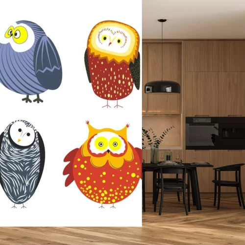Sticker Lustige Charaktere des Eulenkarikatur-Kindes mit Federverzierung.