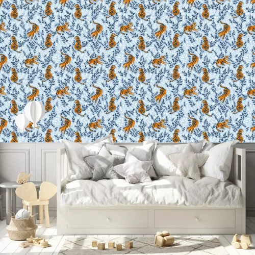 Tapete Vector nahtloses Muster mit den Tiger, die auf dem Blumenhintergrund lokalisiert werden. Tierhintergrund für Gewebe oder Tapete boho Design.