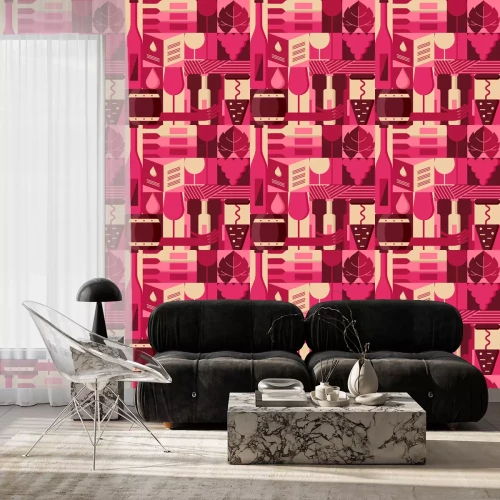 Tapete Vector flache geometrische Gestaltungselemente für Weinliste, Aufkleber, Verpackung, Bar oder Restaurantmenü. Bunter Hintergrund mit Weinflaschen, Glas, Weinrebe. Modische blockierende Illustration.