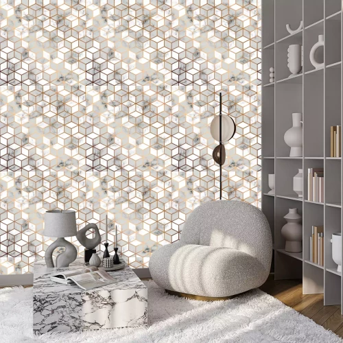 Tapete Vector Marmorbeschaffenheit, nahtloses Musterdesign mit goldenen geometrischen Linien und Würfel, marmelnde Schwarzweiss-Oberfläche, moderner luxuriöser Hintergrund