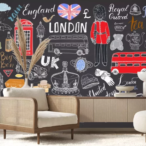 Sticker London-Stadt kritzelt Elementsammlung. Hand gezeichneter Satz mit, Turmbrücke, Krone, Big Ben, königlicher Schutz, roter Bus und Fahrerhaus, BRITISCHE Karte und Flagge, Teetopf, Beschriftung, Vektoril