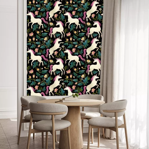 Tapete Rosa Pferde-Einhörner-Blumen und -Blätter