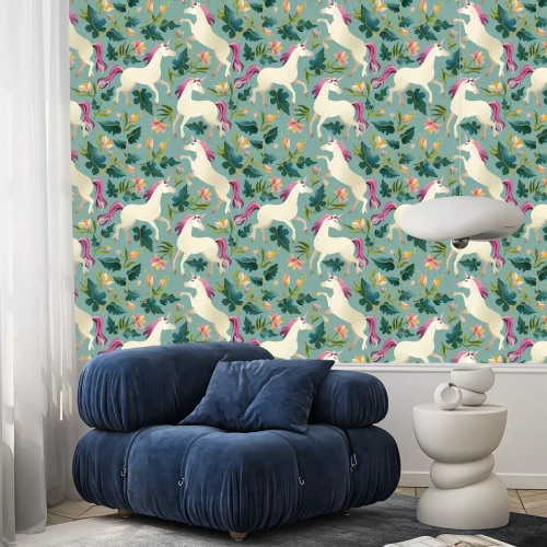 Tapete Hand gezeichnetes Weinlese Unicorn im magischen Waldnahtlosen Muster. Vektor-Illustration.