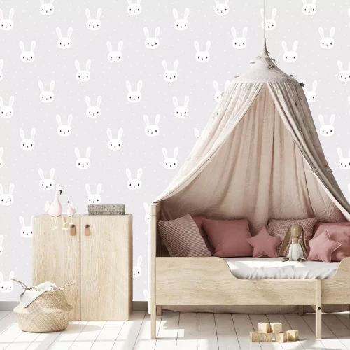 Tapete Kleine weiße Häschen und Tupfen auf grauem Hintergrund