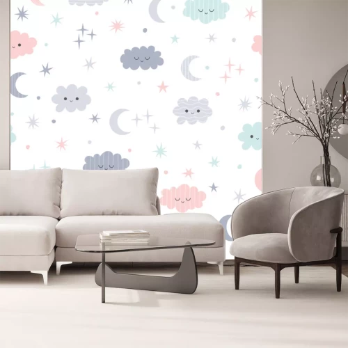 Sticker Nettes nahtloses Muster für Kinder. Reizender Kinderhintergrund mit Mond, Sternen und Wolken