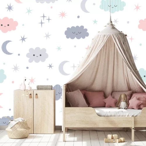 Sticker Nettes nahtloses Muster für Kinder. Reizender Kinderhintergrund mit Mond, Sternen und Wolken