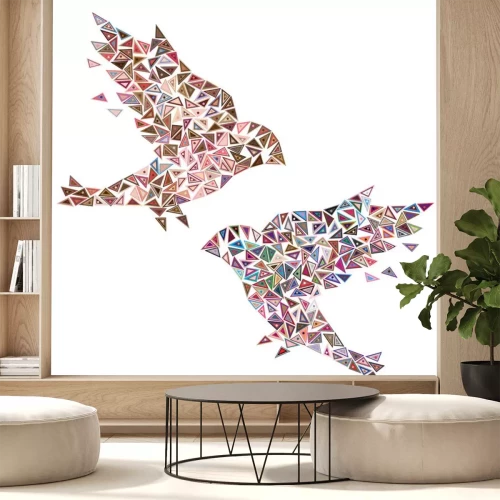 Sticker Zwei Vögel im geometrischen Stil. Abstraktes Patchwork getrennt auf weißem Hintergrund. Liebe, Glück, Familienvibrationen.