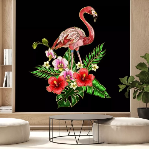 Sticker Flamingo mit Blumen auf schwarzem Hintergrund