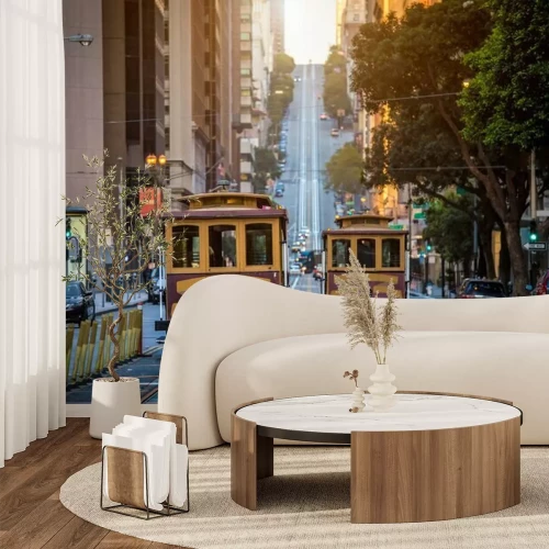 Fototapete San Francisco Cable Cars auf Kalifornien-Straße bei Sonnenaufgang, Kalifornien, USA