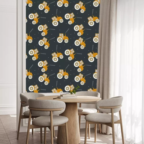 Tapete Nahtloses Muster mit coolem Traktor. Gezeichnete Illustration des Vektors Hand.