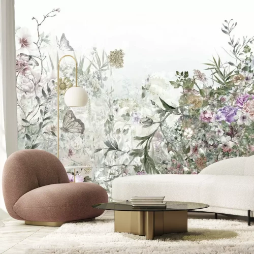 Fototapete Aquarellmalerei von Blättern und von Blume, auf weißem Hintergrund