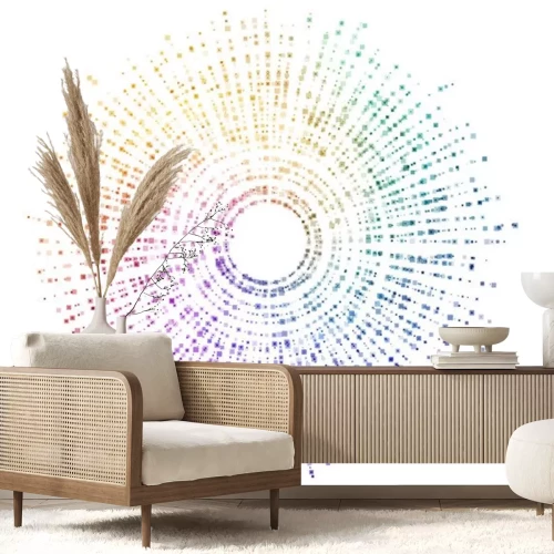 Sticker Abstraktes Vektor Hintergrundelement. Kreisform von Farbquadratpunkten. Center-Zusammensetzung.