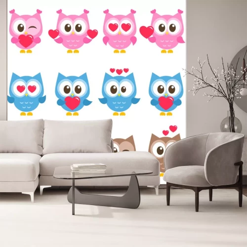 Sticker Satz nette rosa, blaue und braune Eulen mit Herzen