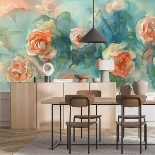 Fototapete Orange roses colorful background watercolor