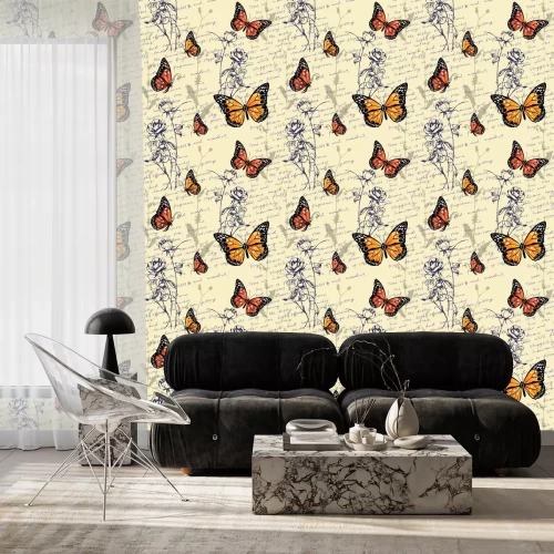 Tapete Schmetterlinge malten Rosen und Buchstaben