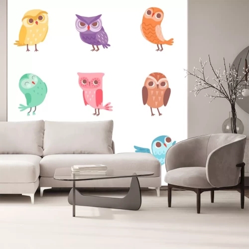Sticker Cute cartoon colorful owls set, lovely owlets vector Illustrations