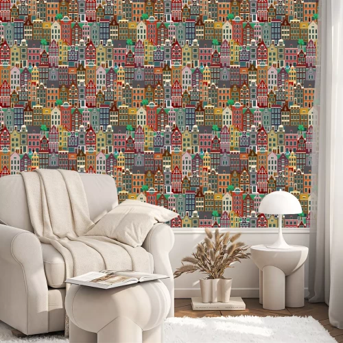 Tapete City streets with old buildings, seamless pattern