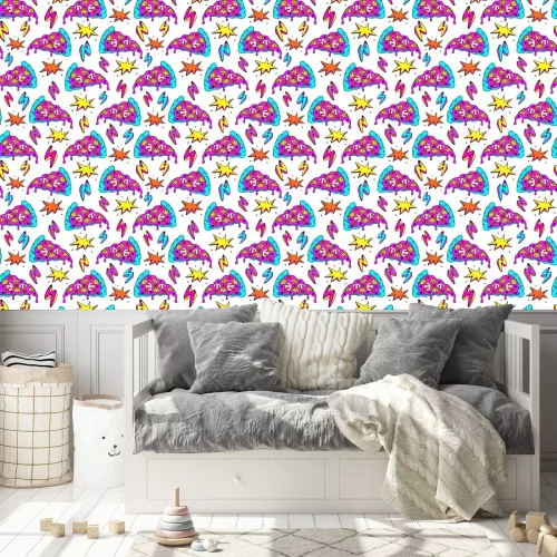 Tapete Bunte Pizzastücke mit Sternen und Blitzen